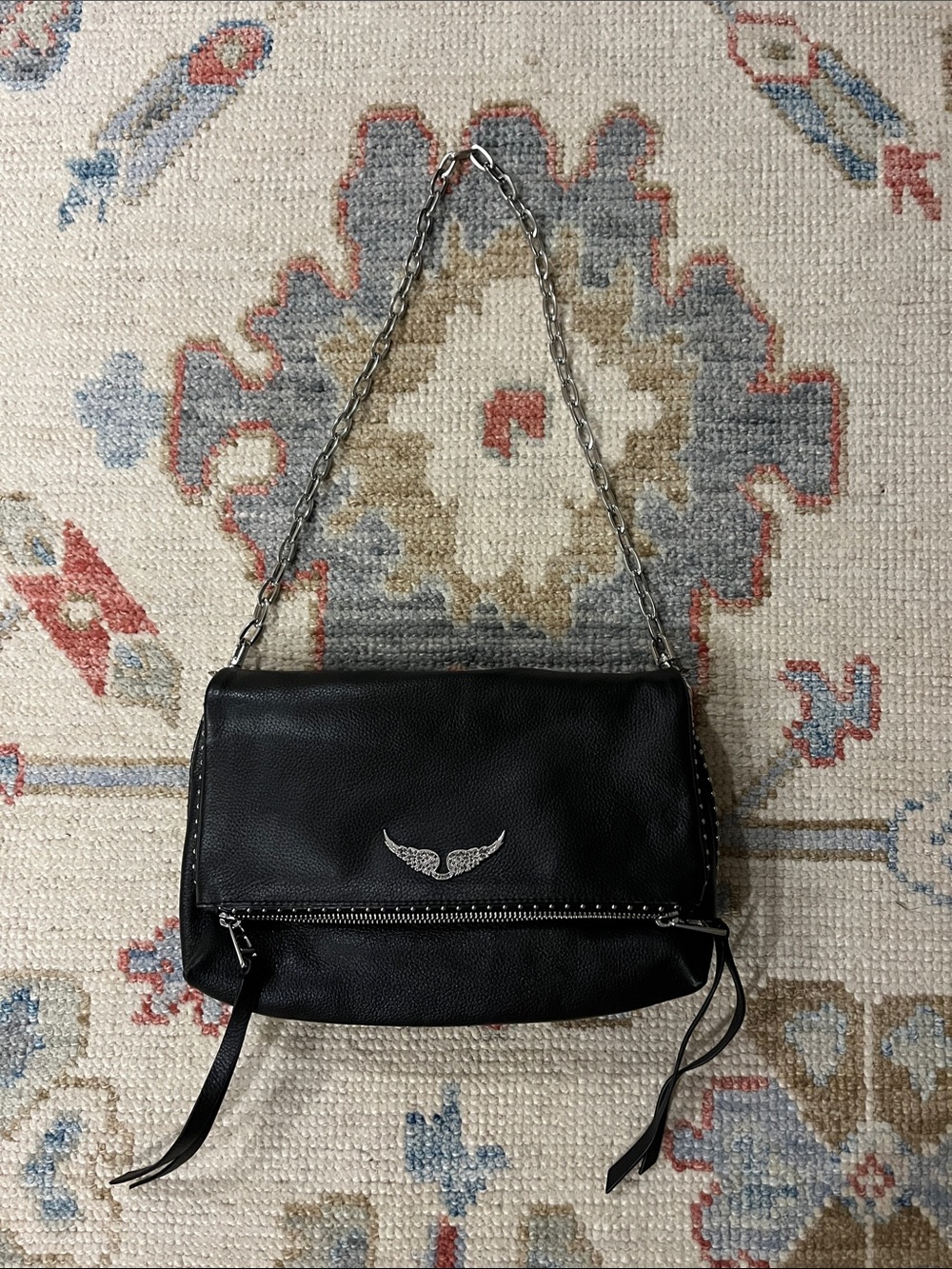 Black Leather Shoulder Bag with Chain Strap